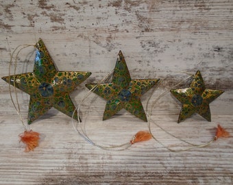 3 Star Ornaments, Graduated: Christmas, Celestial, BOHO, Vintage, Home Decor #4523