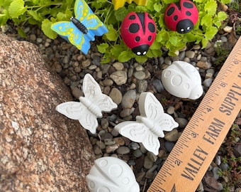 2 Ladybug Butterfly Plant Picks, UNPAINTED: Fairy Garden Stake, Miniature Cement Concrete Decor