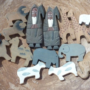 15 Noah&#39;s Ark Animals Figures Wood Clay Elephant Giraffe Sheep Horse Cow Primitive Country Vintage Decor Craft Supply Lot (#3585)