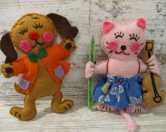 Dog and Cat Felt Ornaments, Vintage:  Pet Ornament, Fiddle, Christmas, Handmade #4983