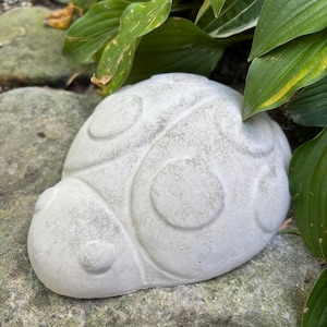 May include: A weathered, light gray concrete ladybug garden ornament. The ladybug has a rounded body with circular markings and is resting on a stone surface, surrounded by green foliage.