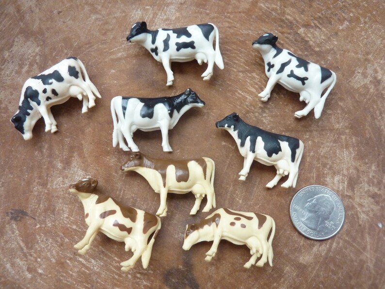 8 Miniature Cow Plastic Toy Figure Animal Terrarium Fairy Garden Supply Dairy Cow Farm Barn Decor Party Craft Supply Lot #3056