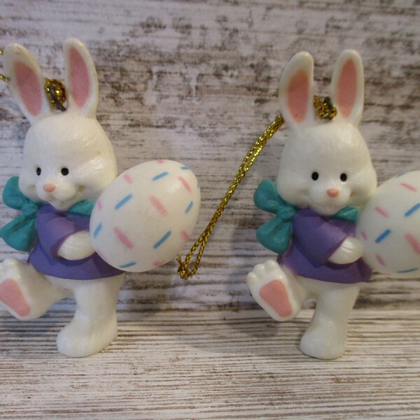 2 Miniature Easter Bunny Rabbit Ornament Egg Figure Figurine Collectible Home Decor Vintage (#5185)