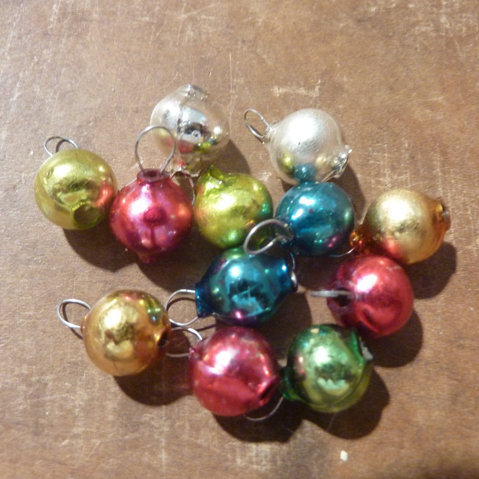 12 Mercury Glass Bead Ornaments: Miniature, Vintage Christmas, Feather Tree Decor #3307