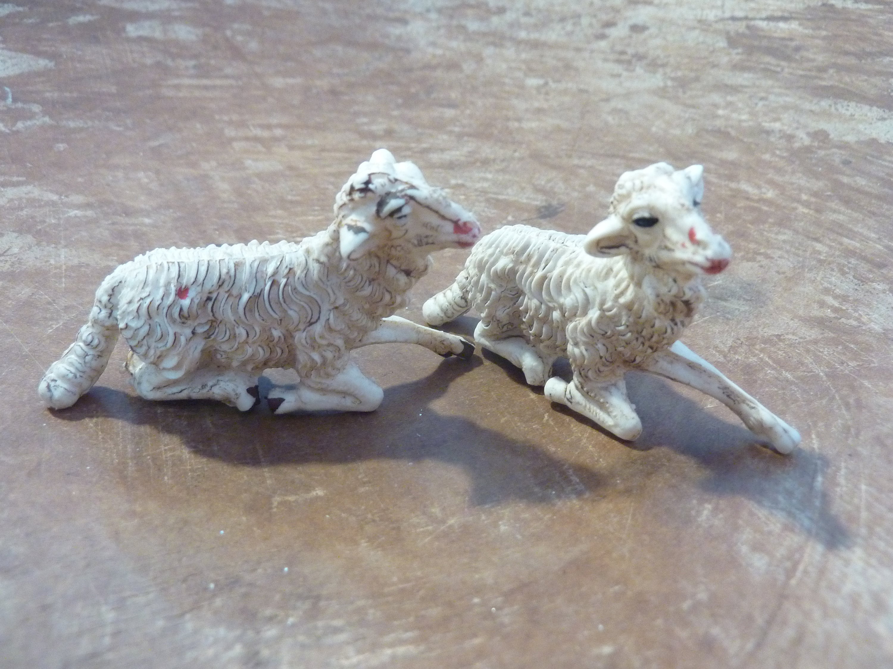 2 Miniature Sheep Lamb Figures: Vintage, Nativity Putz Supply