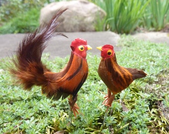 Vintage Miniature Rooster & Chicken Picks: Wired Birds, Feathered, Craft Supply #2049