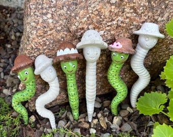 Miniature Inchworm Family, UNPAINTED, Cement, Garden Statue:  Worm Figurine, Plant Lover, Handmade