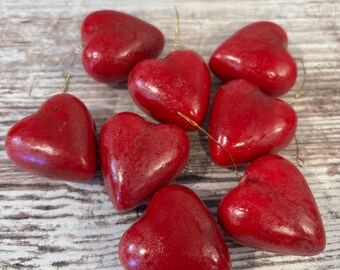 8 Vintage Heart Ornaments: Love, Valentine, Christmas, Tree Decor, Lacquer, Craft Supply #7074