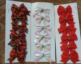 3 Sets Miniature Bows, Vintage:  Christmas, Craft Supply, Ribbons, Plaid, Flocked, Velvet #1480