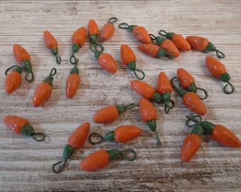 27 Miniature Clay Carrot Charms, Peruvian: Vintage, Salad, Jewelry, Craft Supply #4858