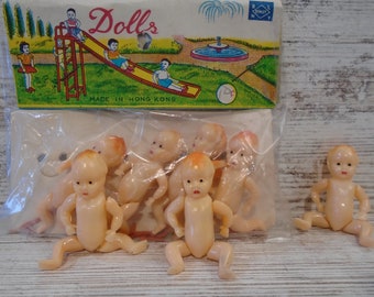 Miniature Plastic Jointed Baby Dolls: Vintage, Hong Kong, Dollhouse, Collectible, Craft Supply #889