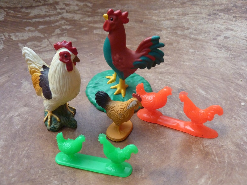 5 Rooster Miniature Toy Plastic Rubber Figurines Farm Bird Etsy