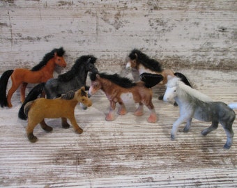 6 Miniature Flocked Horse Figurines: Farm, Animal, Toy, Craft Supply #5330