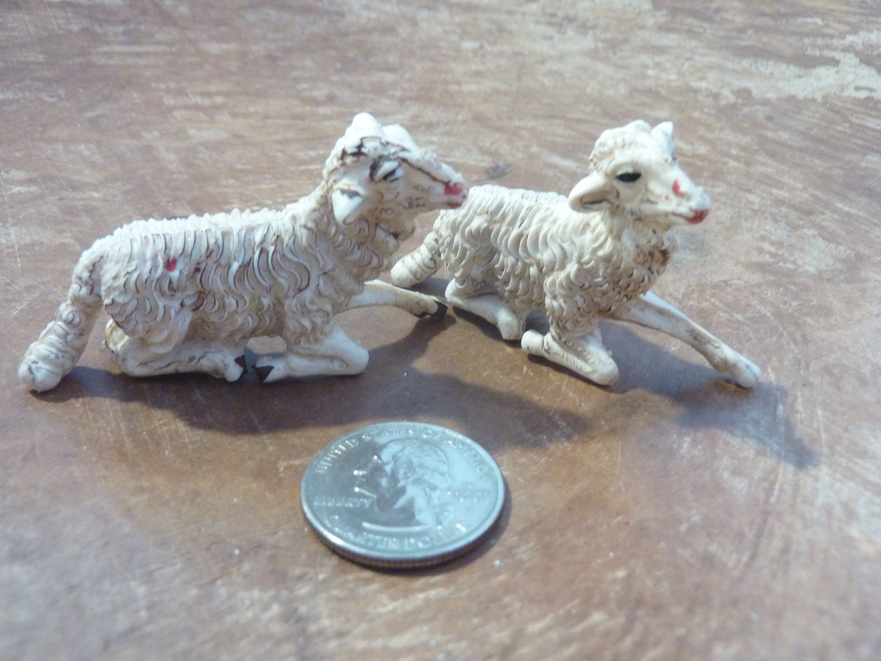 2 Miniature Sheep Lamb Figures: Vintage, Nativity Putz Supply