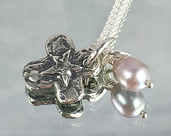 BELIEVE PENDANT with Lavender Edison Pearl Sterling Cross with Star Reverse Says BELIEVE Sterling Wheat Chain Minimalist Alone or Layered