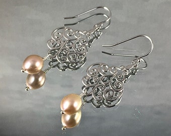 STERLING FILIGREE EARRINGS with Peach Gold Edison Pearls Lightweight Elegant Timeless Minimalist Simple Yet Utterly Beautiful Great Gift