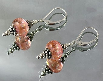 IRIDESCENT PEACH LAMPWORK Earrings. Splendid Pinky-Peach Lamp Work with Iridescent Flakes. All Metal is Sterling Silver. Unique. Elegant.