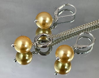 GOLD TAHITIAN Shell PEARL Trio. 10 mm Pearls. Earrings. Drop. 18" Sterling Heirloom Chain. All Metal is Sterling. Classic. Timeless.