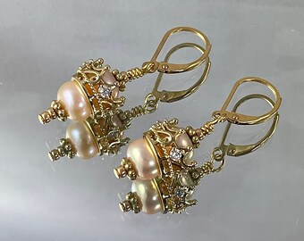 CROWN EARRINGS with CZs and Pale Peach Edison Pearls. Fit for a Queen Like You. Classic. Dignified. Unique. An Instant Heirloom.