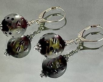 FIREFLIES LAMPWORK EARRINGS Brilliant Shards of Dichroic Yellow Glass Swirl throughout. The Etched Lampwork Windows Reveal the Bright Shards