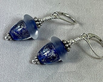 ICE AGE Blue ACORN Earrings Extraordinary Artisanal Lampwork from a German Artist Blue and Silver Acorns Etched Caps All Metal is Sterling