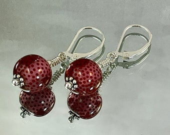 TINY RED DOT Earrings. Brilliant, Precise Lampwork from London. All Metal is Sterling Silver. Simple. Classic. Office. Zoom. Blue Jeans.