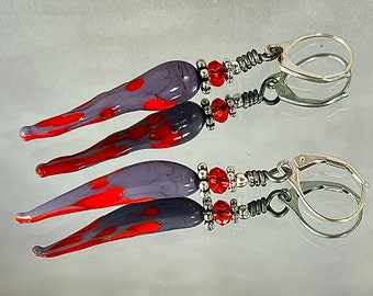 GRAPE and SIZZLING ORANGE Lampwork Earrings. Accented with Sterling Spacers and Beads. Swarovski Crystals. Sterling Silver Lever Backs.