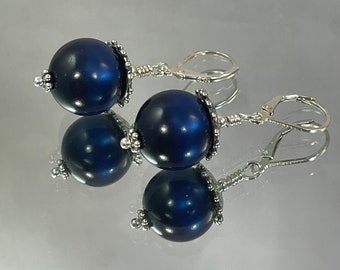 DARK BLUE MOONGLOW Lucite Earrings Large 15 mm Moonglow Lucite with Lovely Chatoyance Topped with Wonderful Artisan Sterling Baad Caps
