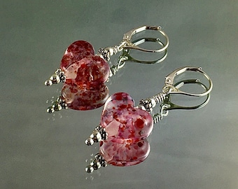 TICKLED PINK Lampwork Heart Earrings Sterling Leverbacks Sterling Spacers and Beads Valentine's Gift Romantic Gift Engagement Gift Unique