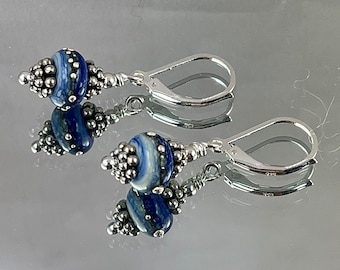 ARTISTIC BLUE and SILVER Earrings Extraordinary Artisan Lampwork Layered in Blues and Dotted With Silver Glass Stacked Sterling Spacers