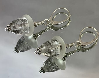 ICE AGE Clear ACORN Earrings Acorns are Filled with Silver Sparkles Acorn Caps are Beautifully Etched All Metal is Sterling Silver