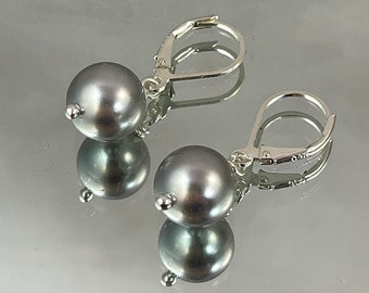 SILVER TAHITIAN Shell PEARL Earrings. Pearls are 10 mm. All Metal is Sterling. Simple. Classic. Timeless.