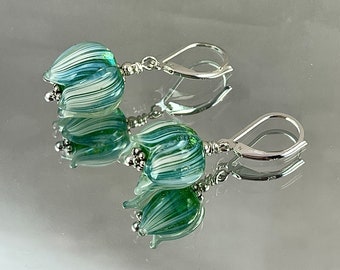 SPRING TULIP EARRINGS Petals are Veined in White over Turquoise Green Centers Utterly Lovely and Special All Metal is Sterling Silver