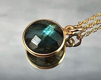 BLUE FLASH LABRADORITE Pendant Gold Plated Bezel Both Sides Flash Brilliantly Wear Alone or Layer Stone Will Flash with Your Every Breath