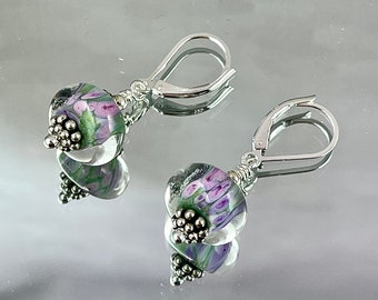 FIRST ROSES of SUMMER Earrings Pink Roses Float Beneath the Surface of this Lamp Work Glass Backed by the Palest Green All Metal is Sterling