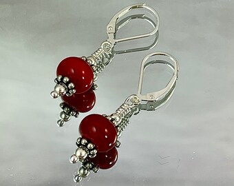 SPLENDID SOLID RED Lamp Work Earrings. Accented with Sterling Silver Spacers and Beads. Simple. Classic. Office. Zoom. Blue Jeans.