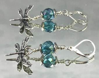 VERNAL POOL Artisan Sterling Silver Dragonfly Charms Aqua Aura Quartz Gemstones Nature Lover Earrings Simple Classic