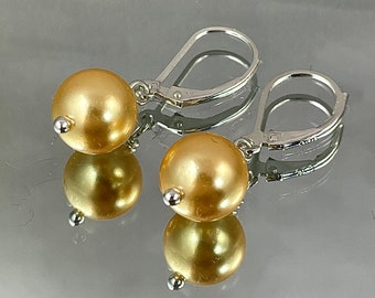 GOLD TAHITIAN Shell PEARL Earrings. Super Lustrous. Pearls are 10mm. All metal is Sterling Silver. Simple. Classic. Timeless.