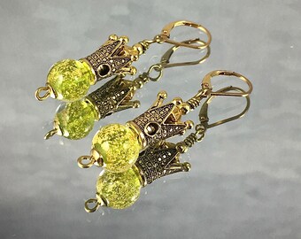 A NATURAL QUEEN Earrings Golden Crowns Top Lime Murano Beads Swirling with Gold Flakes Gold Filled Heirloom Leverbacks Unique Gift