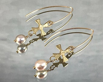 GOLD BRONZE CROSSES with Peach Gold Edison Pearls Gold Filled Marquis Ear Wires Very Lightweight Simple Minimalist Classic Easy to Wear