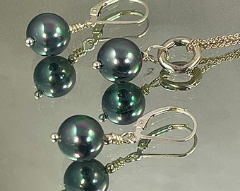 GRAPHITE TAHITIAN Shell PEARL Earrings and Drop. All Metal is Sterling. 10mm Pearls.