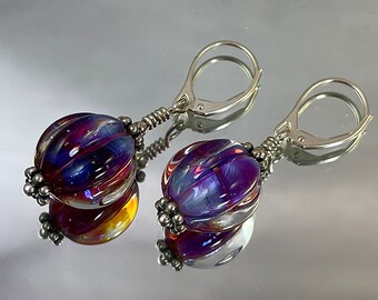 PURPLE PASSION Lampwork Earrings Deep Layers of Purple and Red Encased in Clear and Pinched to a Melon Shape Sterling Ear Wires Valentine's