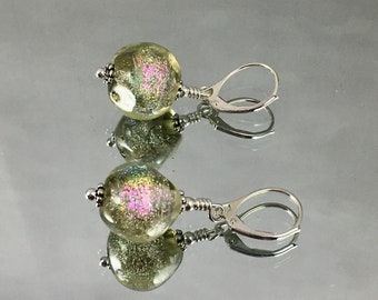 CHAMPAGNE RAINBOW LAMPWORK Earrings Nuggets of Palest Champagne Glass over Rainbow Dichroic All Metal is Sterling Fascinating