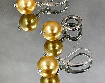 GOLDEN TAHITIAN Shell PEARL Earrings and Drop. All Metal is Sterling. Pearls are 10mm. Heirloom Sterling Chain, 18", is Included