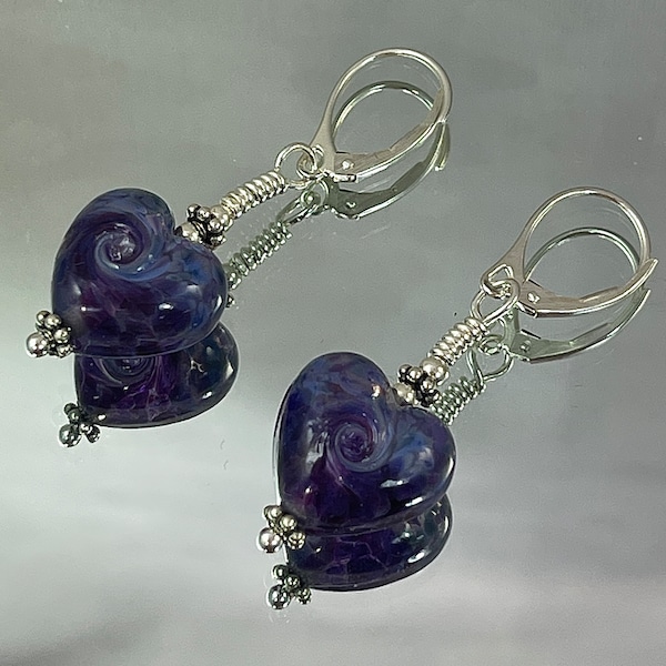 PURPLE HEART EARRINGS Two Shades of Purple Lamp Work Swirled Together Make Up These Hearts All Metal is Sterling Silver