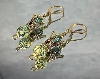 QUEEN FOR a DAY Earrings Golden Crowns Top Aqua Murano Beads with Gold Flakes Aqua Czech Crystal Nestles in the Crown G F Leverbacks