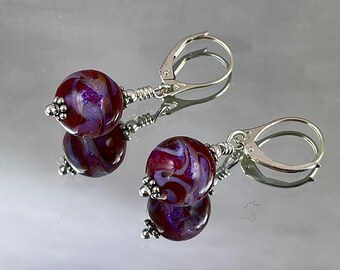 BLUEBERRY CRANBERRY PIE Dichroic Glass Earrings Artisan Lamp Work Swirls of Blue and Cranberry Dichroic Glass Duck under Pale Blue Glass