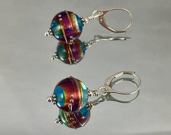 JOYFUL Turquoise Red and Silver LAMPWORK EARRINGS Australian Lamp work Artist All Metal is Sterling Wear with Anything