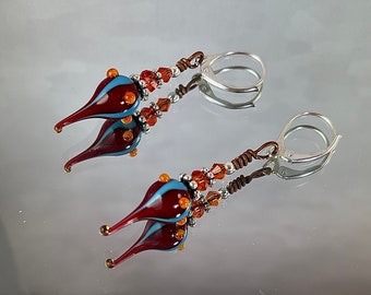 BRING on the CLOWNS EARRINGS, Red. Turquoise. Orange. Sterling Silver Spacers, Beads and Lever Backs. Joyful Lampwork Glass.  A Treasure!