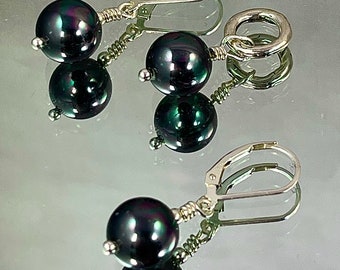 RAINBOW BLACK TAHITIAN Shell Pearl Earrings and Drop. 10 mm Pearls. All Metal is Sterling. Stunning Rainbow Hues. Classic.